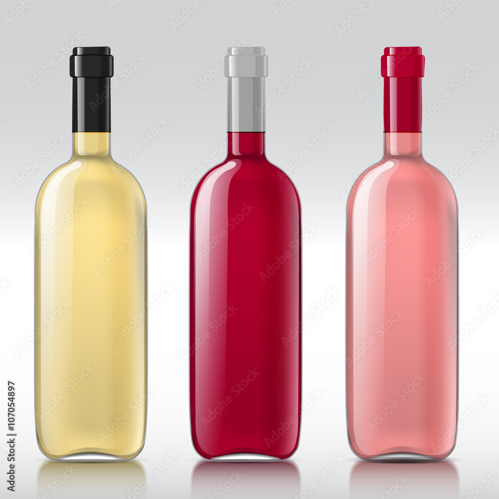Realistic with glass bottles of different wines. Closed empty bottle and ready for your design template. illustration Realistic with glass bottles of different wines. Closed empty bottle and ready for your design template. illustration