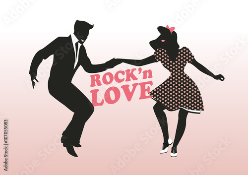 Rock'n Love. Young Couple dancing rock. Black Silhouettes