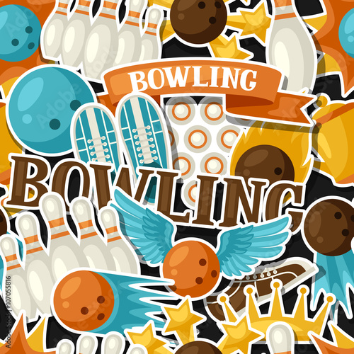 Seamless pattern with bowling items. Background made without clipping mask. Easy to use for backdrop, textile, wrapping paper