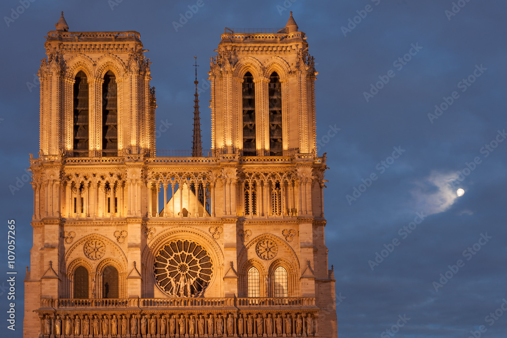 Full moon by Notre Dame de Paris facade, Paris