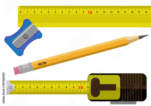 sharpener, ruler, pencil and measure tape