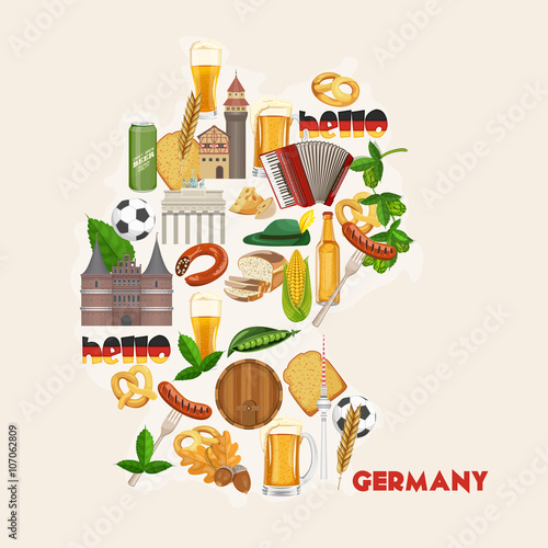 Germany travel poster. Trip architecture concept. Touristic background with landmarks, castles, monuments.