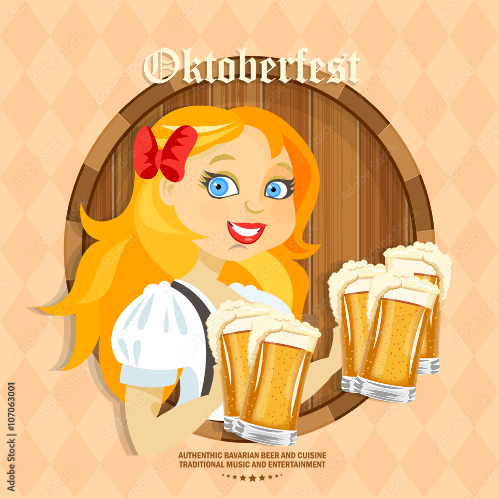 Beer poster. Girl holds beer mugs with foam. Oktoberfest - Text in German. Beer poster. Girl holds beer mugs with foam. Oktoberfest - Text in German.
