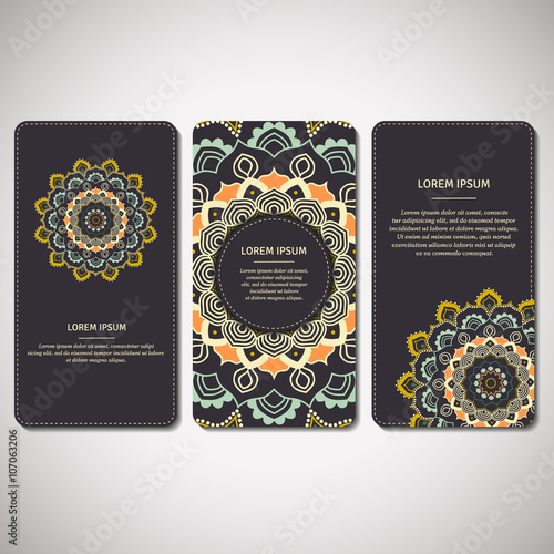 Set of ornamental cards, flyers with flower mandala in dark blue, orange, turquoise colors. Vintage decorative elements. Indian, asian, arabic, islamic, ottoman motif. Vector illustration.