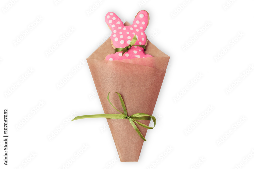 Decorated Easter bunny shaped gingerbread cookie isolated on white Decorated Easter bunny shaped gingerbread cookie isolated on white