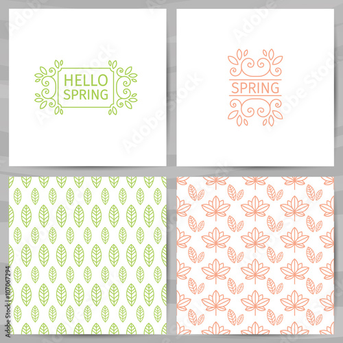 Set of greeting cards, invitations, template design. Hello Spring logo with swirl, flower, plant. The simple pattern of leaf and plant. Vector. 