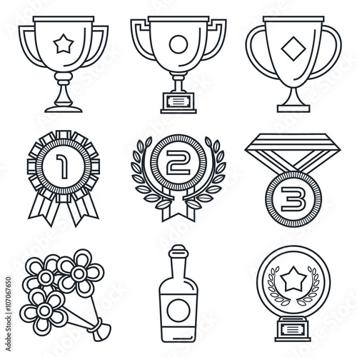 Black lineart icon set. Trophy and awards