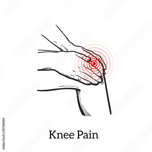 Painted knee pain. Discomfort in a joint leg. Symptoms of motor functions in humans. It is difficult to walk. Vector sketch illustration legs. Hands hold the knee in place of pain. Illustration knee