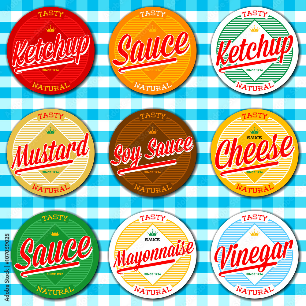 Obraz premium Set of ketchup, vinegar, mustard, soy, cheese and mayonnaise sauce labels