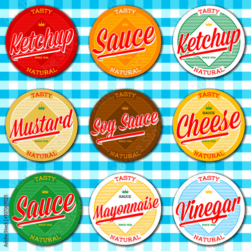 Set of ketchup, vinegar, mustard, soy, cheese and mayonnaise sauce labels