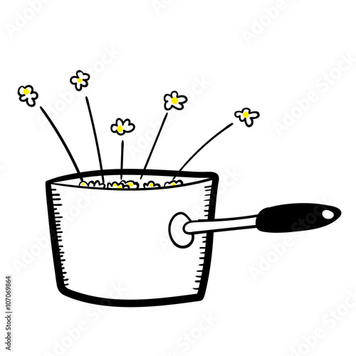 Hand drawn vector illustration of a saucepan full of freshly cooked and popping popcorn