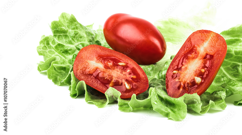 Fresh red tomato and green lettuce on white background Fresh red tomato and green lettuce on white background