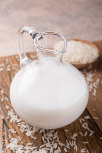 Fresh rice milk in a glass pitcher 