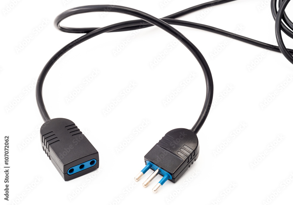 Black power cable with plug and socket isolated on white background Black power cable with plug and socket isolated on white background
