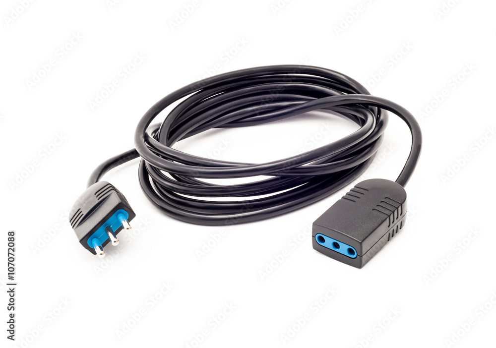 Black power cable with plug and socket isolated on white background Black power cable with plug and socket isolated on white background
