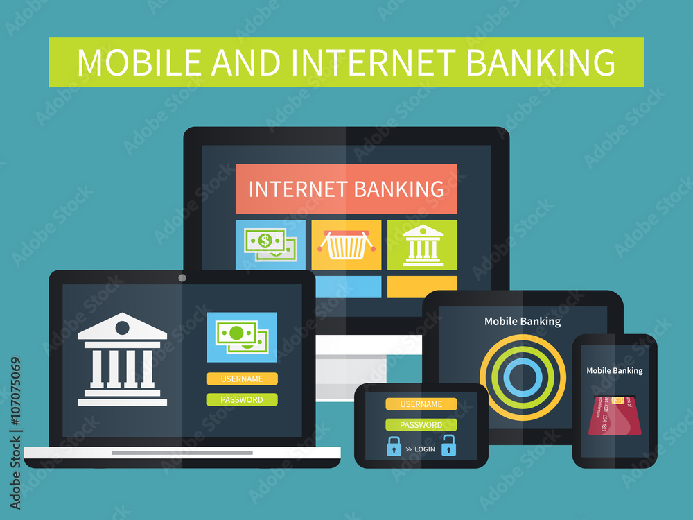 Internet banking, online transaction. Mobile banking on different devices