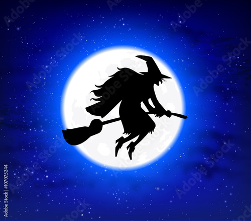 flying witch on a broomstick on the background of the full moon