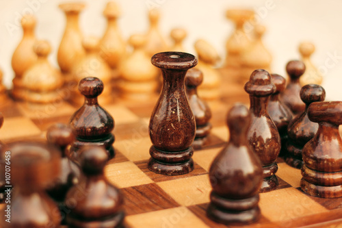 Wooden Chess Board With king In Focus.