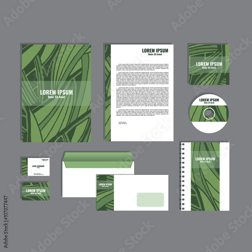 Corporate identity template with hand drawn green exotic tropical leaf pattern, creative stationery branding mock-up set of separated, movable objects. EPS 10.