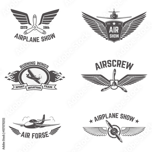 Set of airplane show labels isolated on white background.