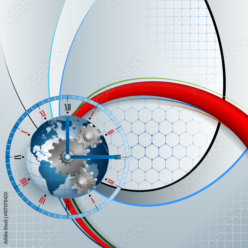 Abstract, design for industry background with mechanical clocks with 3d gears as mechanism and of earth globe as dial