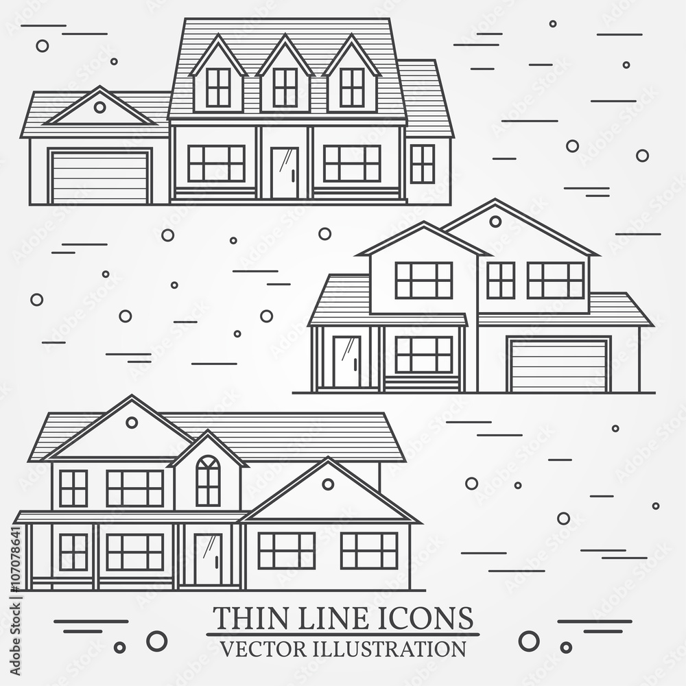 Set of vector thin line icon  suburban american houses. For web