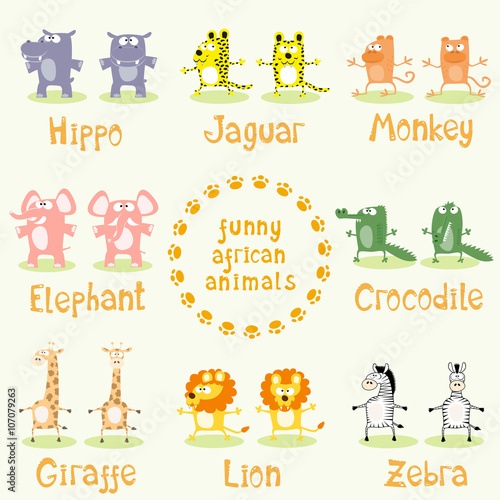 Set of funny african animals drawing in cartoon style: elephant, hippo, crocodile, jaguar, giraffe, zebra, lion, monkey. Vector illustration