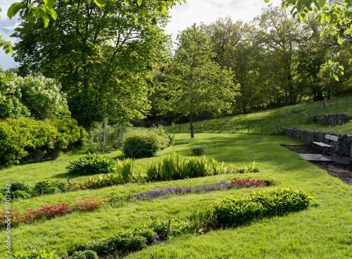 En vacker och lummig trädgård med en bänk för att kunna njuta av allt det vackra.  photo