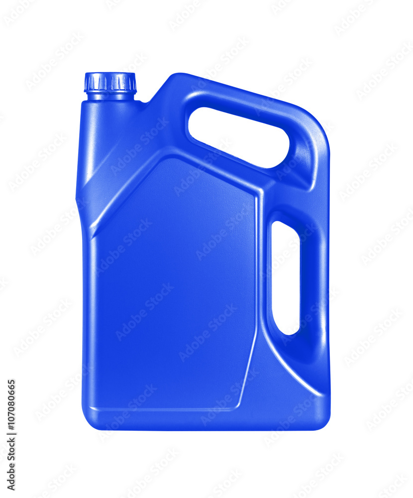 blue canister with engine oil isolated on white background blue canister with engine oil isolated on white background