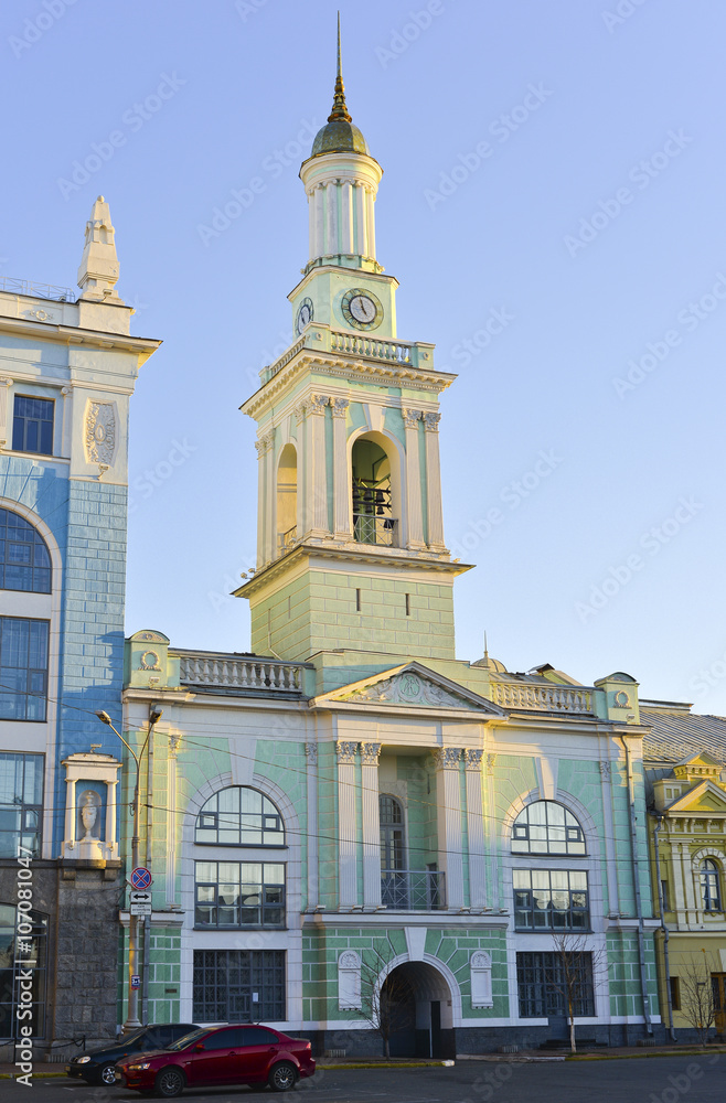 Fototapeta premium Old blue bell tower at the center of Kiev and tender blue sky, Ukraine