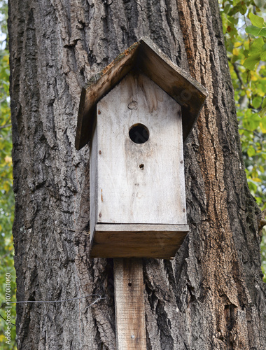 Old wooden birdhouse on the tree in spring park /Old wooden birdhouse on the tree in spring park