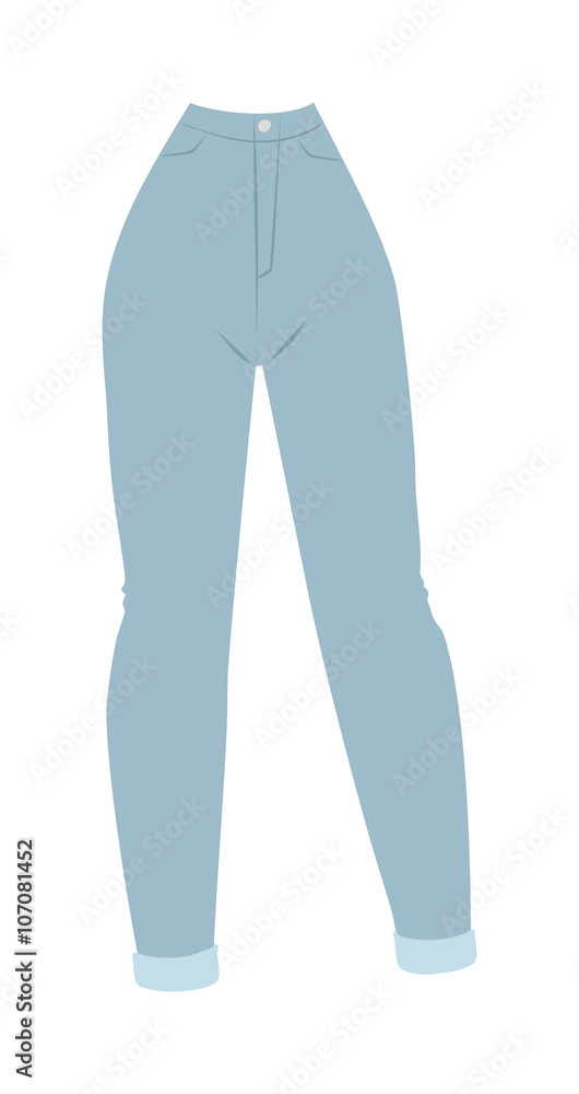 Blue denim women's jeans glamour clothing style casual fabric flat pants vector illustration. Blue denim women's jeans glamour clothing style casual fabric flat pants vector illustration.