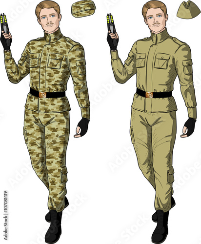 Caucasian male in sand khaki holds taser