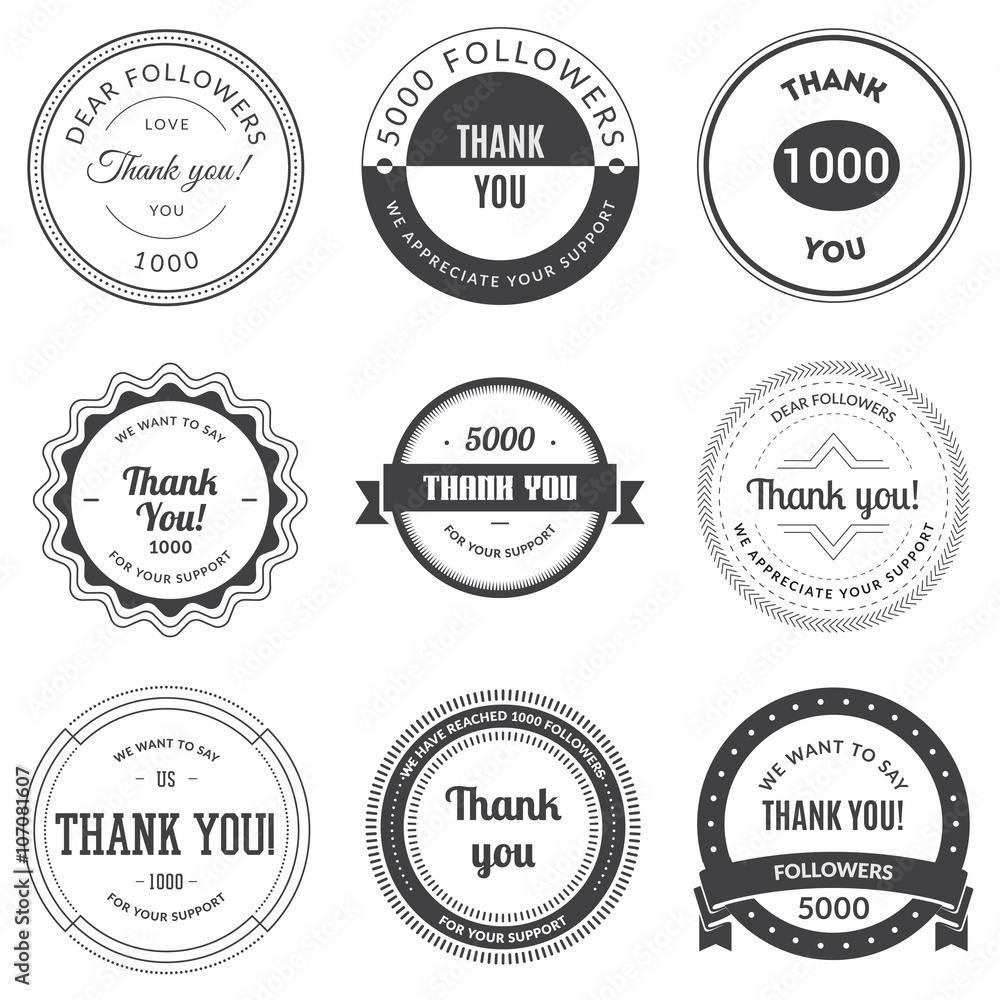 Set of vintage Thank you badges, labels and stickers. Vector illustration.