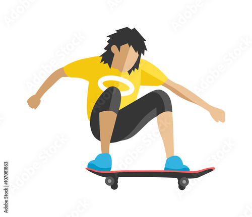 Skateboarder jump doing trick in skate park extreme sport fun urban character flat vector.