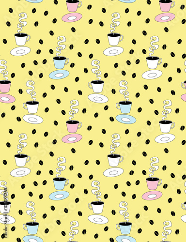 Obraz na plátně colorful cartoon graphic picture of a steaming dark coffee in the cup and saucer