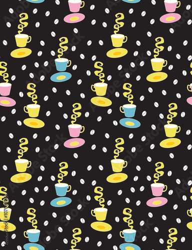 colorful cartoon graphic depicting a steaming coffee with milk in the cup and saucer, black roast coffee beans on background seamless vector print pattern illustration