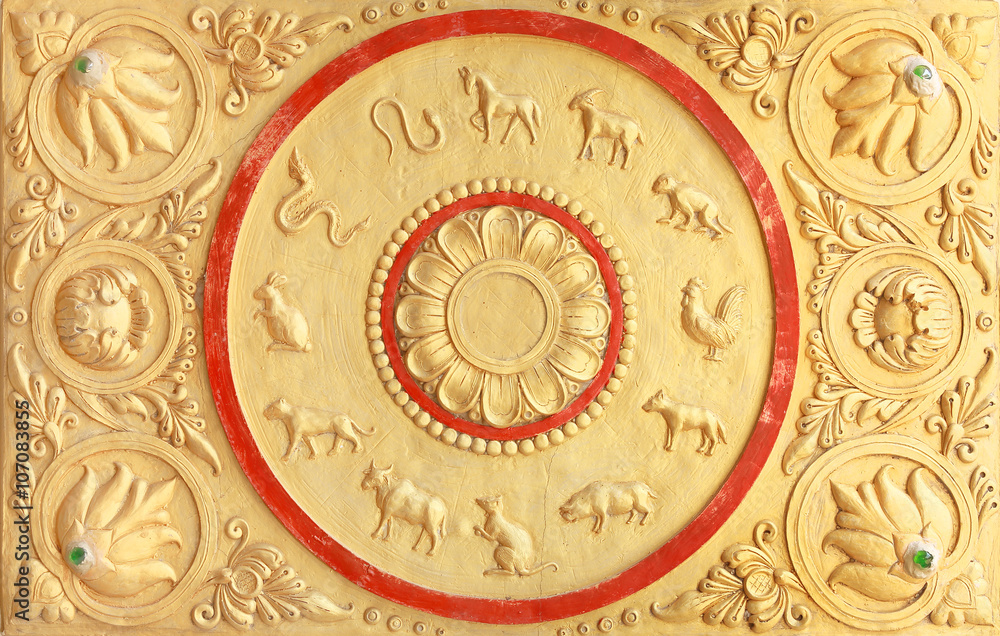 The 12 Thai zodiac on the wall in temple of thailand The 12 Thai zodiac on the wall in temple of thailand