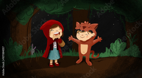 Niños disfrazados de caperucita roja y el lobo feroz