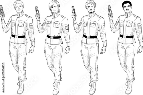 Lineart male in military uniform holds taser