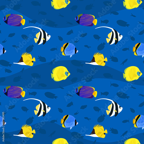 Vector seamless pattern with exotic colorful sea fishes inside.