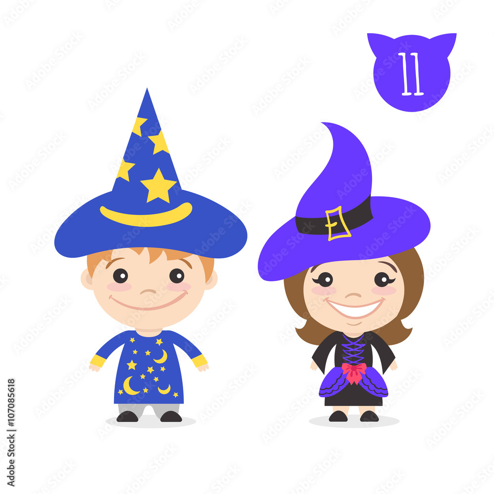Kids characters in astronomer and witch costumes. Kids characters in astronomer and witch costumes.