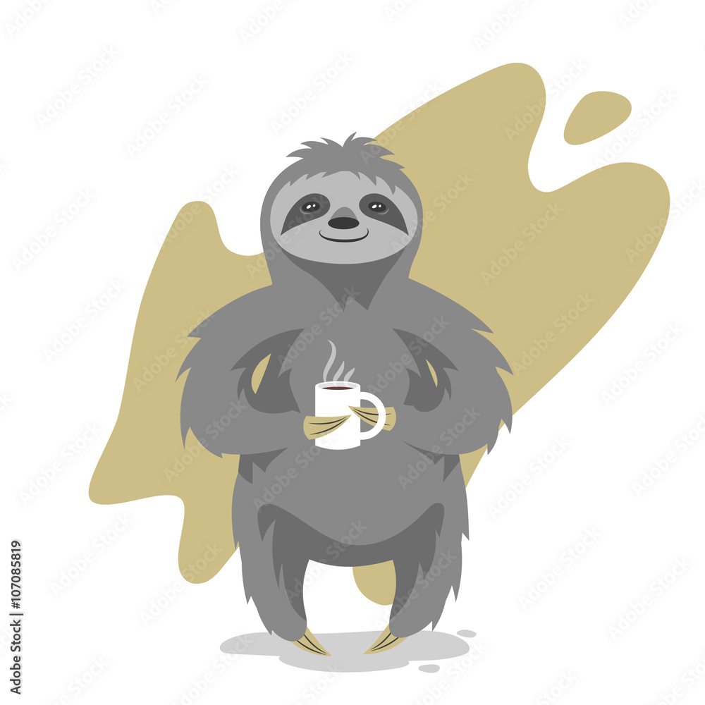 Obraz premium Vector illustration of happy cute sloth with the cup of tea or coffee