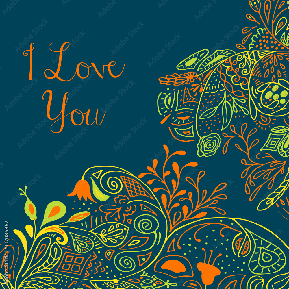 I Love you text on teal background with floral nature ornament with roses, flowers, bluebell, campanula, bellflower, leaves, branches. Vector illustration eps 10. For valentines day design concept