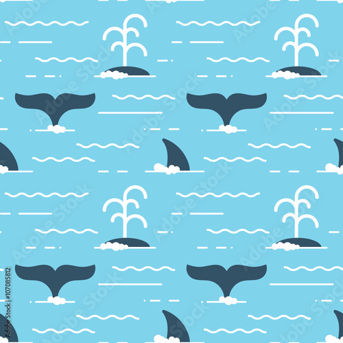 Vector seamless pattern with whale fins over the water. 