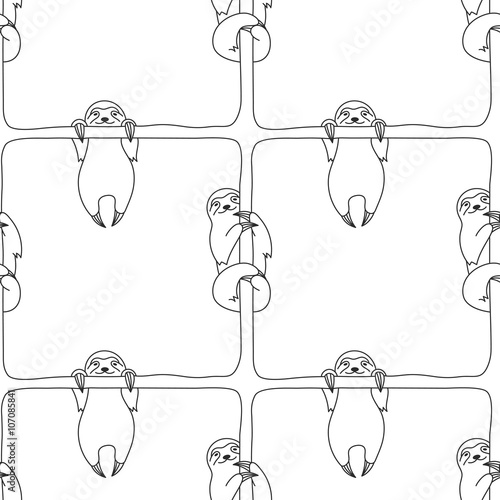 Vector seamless monochrome pattern with cute happy smiling sloth