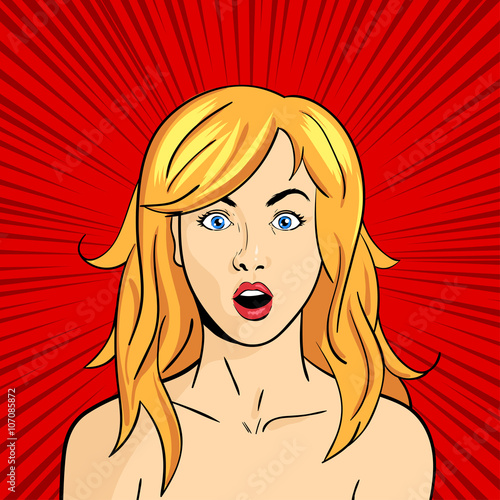 Vector pop art surprised woman face with open mouth