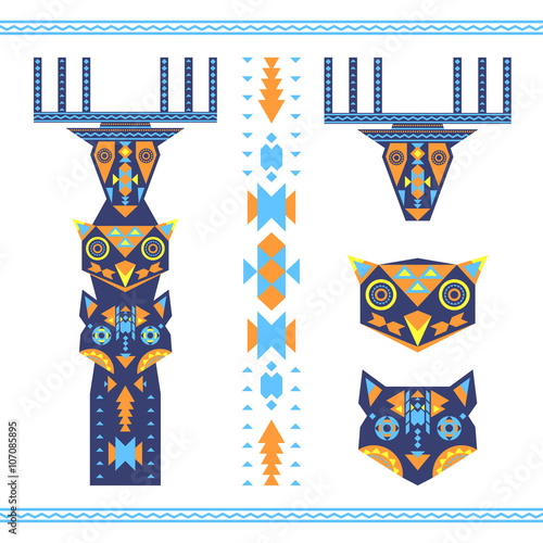 Vector illustration of tribal totem with the heads of deer, owl