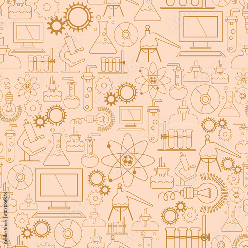 Vector seamless pattern. Scientific background for packaging paper. Gear, Microscope, bulb, computer and other scientific symbols