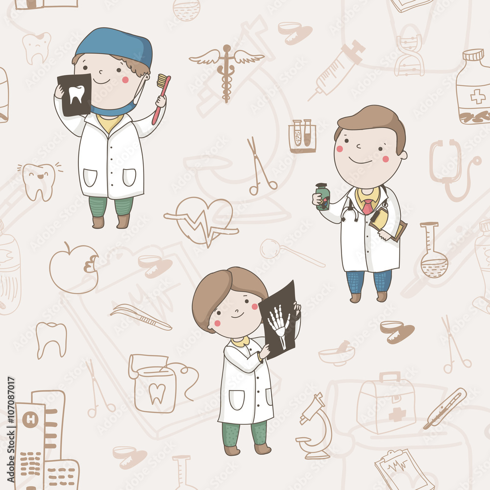 Vector pattern with medical objects and characters Vector pattern with medical objects and characters